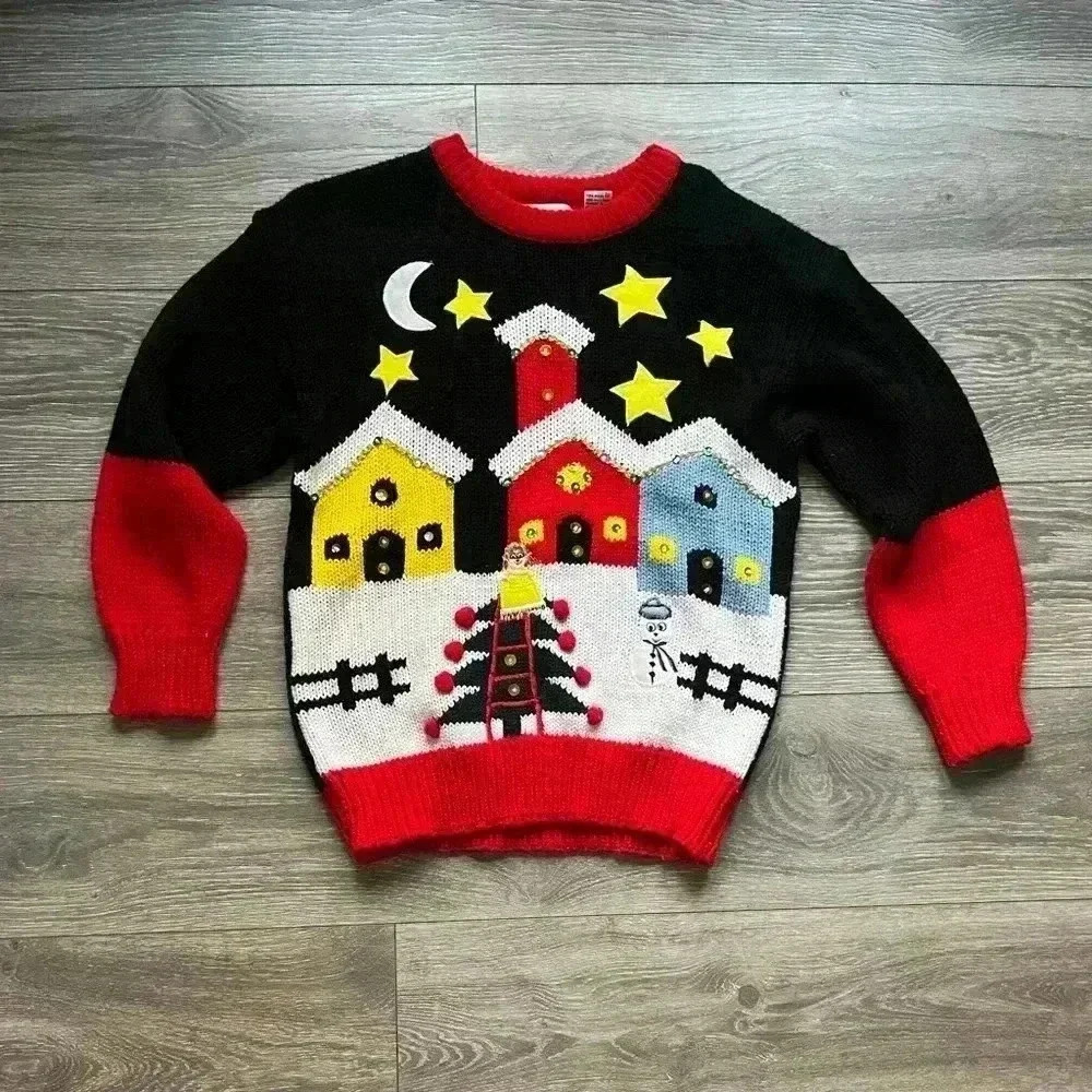 Vintage Adell Barre Holiday Christmas Tree Sweater Snowman Red Black Size M